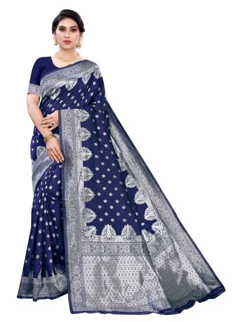 

KALINI Navy Blue & Silver-Toned Woven Design Zari Banarasi Saree