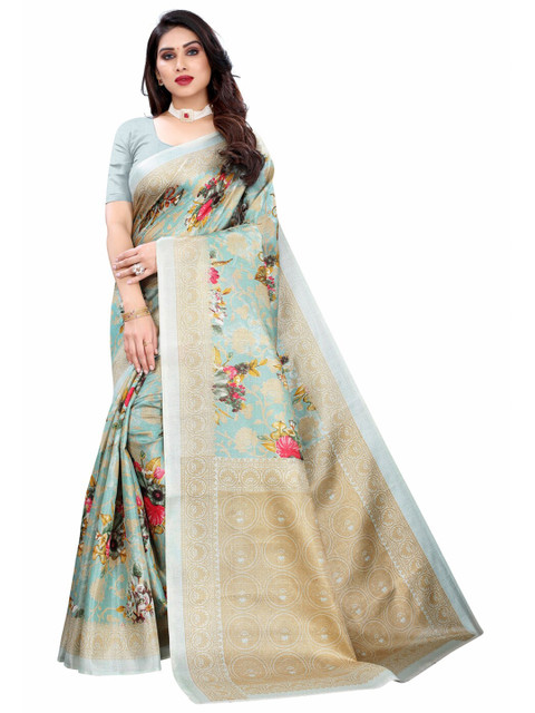 

KALINI Blue & Gold-Toned Floral Art Silk Saree