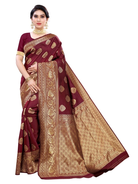 

KALINI Maroon & Gold-Toned Woven Design Zari Banarasi Saree