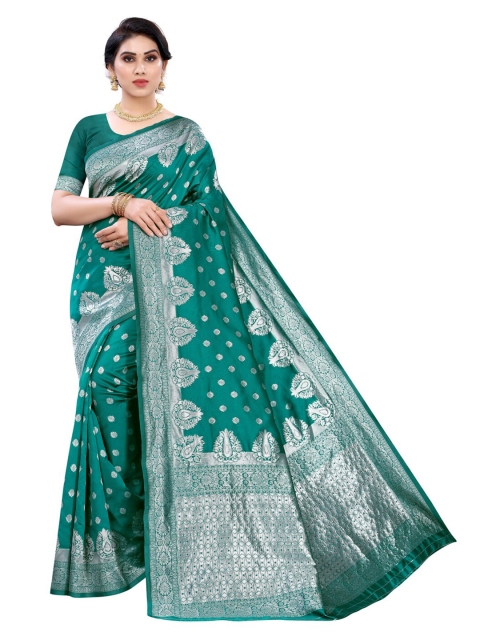 

KALINI Green & Silver-Toned Woven Design Zari Banarasi Saree