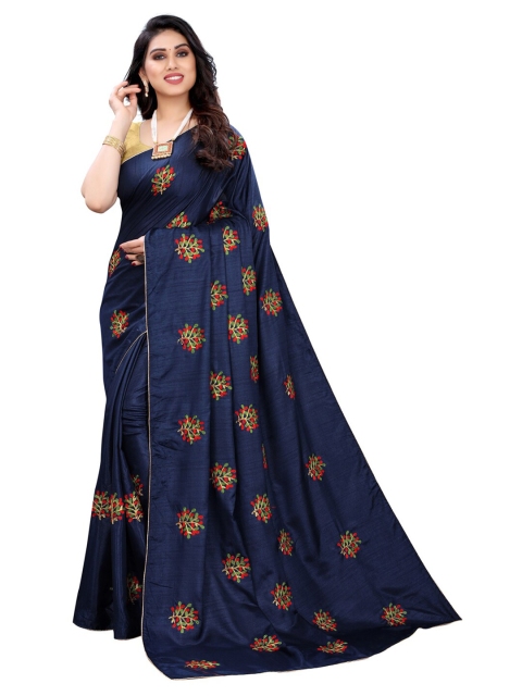 

KALINI Navy Blue & Red Floral Embroidered Saree