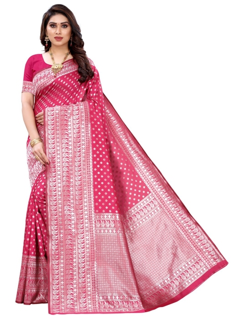 

KALINI Pink & Silver-Toned Woven Design Zari Banarasi Saree