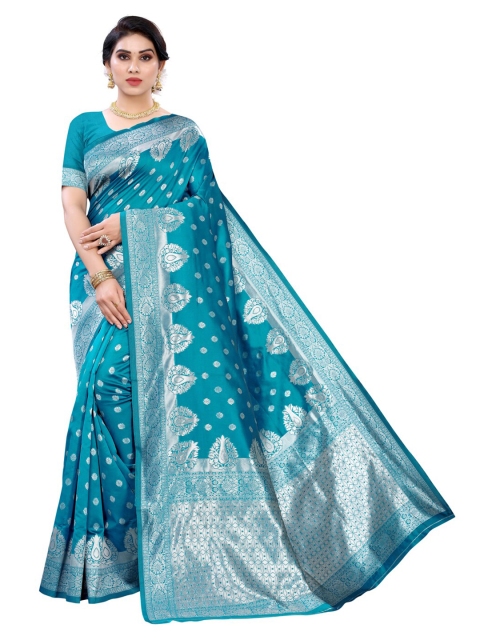 

KALINI Blue & Silver-Toned Woven Design Zari Banarasi Saree