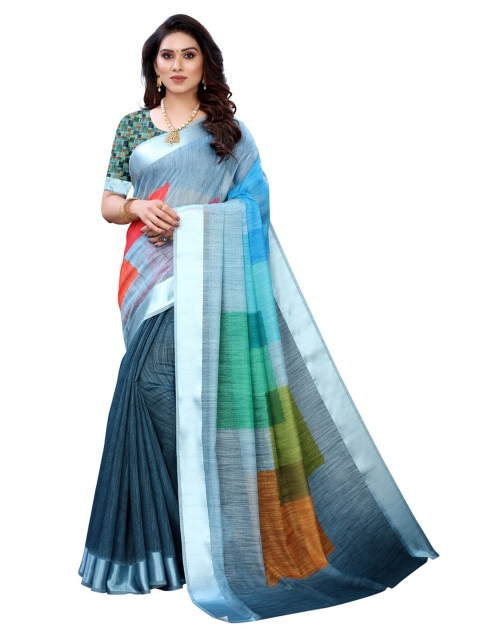 

KALINI Blue & Red Colourblocked Saree
