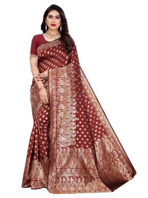 

KALINI Maroon & Gold-Toned Woven Design Zari Heavy Work Banarasi Saree