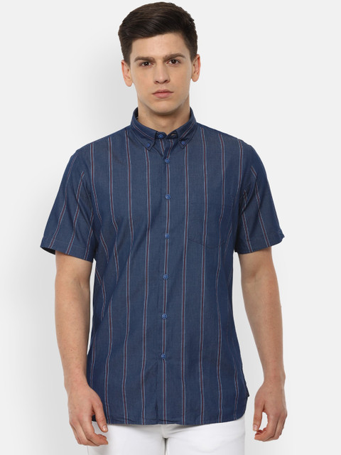 

VAN HEUSEN DENIM LABS Men Navy Blue Slim Fit Opaque Striped Casual Shirt
