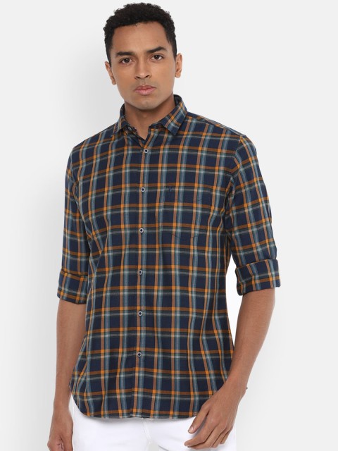 

VAN HEUSEN DENIM LABS Men Navy Blue Slim Fit Opaque Checked Casual Shirt