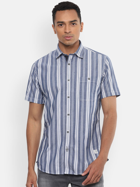 

VAN HEUSEN DENIM LABS Men Blue Slim Fit Opaque Striped Casual Shirt