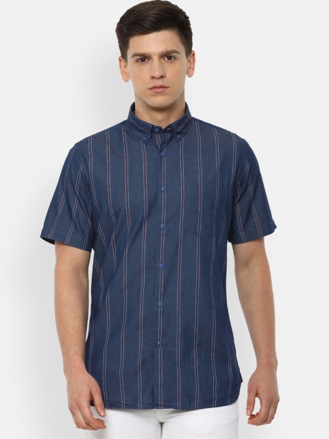 

VAN HEUSEN DENIM LABS Men Navy Blue Slim Fit Opaque Striped Casual Shirt
