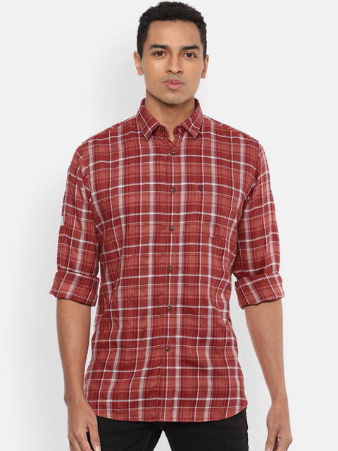 

VAN HEUSEN DENIM LABS Men Maroon Tartan Checks Opaque Checked Casual Shirt