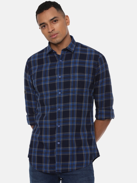 

VAN HEUSEN DENIM LABS Men Navy Blue Slim Fit Tartan Checks Opaque Checked Casual Shirt