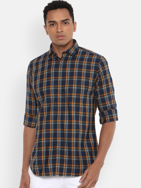

VAN HEUSEN DENIM LABS Men Navy Blue Slim Fit Opaque Checked Casual Shirt
