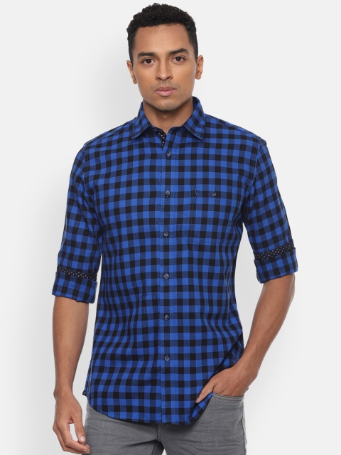 

VAN HEUSEN DENIM LABS Men Blue Slim Fit Buffalo Checks Opaque Checked Casual Shirt