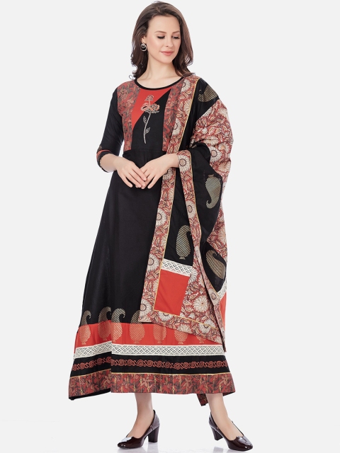 

Kiana Black & Red Ethnic Motifs Cotton Maxi Dress With Dupatta