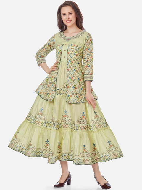 

Kiana Green Ethnic Motifs Maxi Dress With Attached Jacket