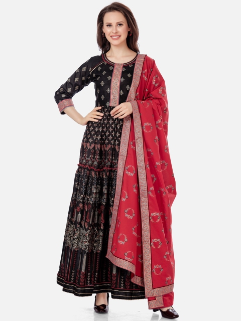 

Kiana Black & Red Ethnic Motifs Printed Flared Maxi Dress With Dupatta