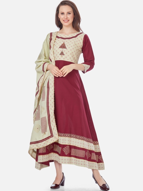

Kiana Maroon & Cream Printed Cotton Maxi Dress With Dupatta