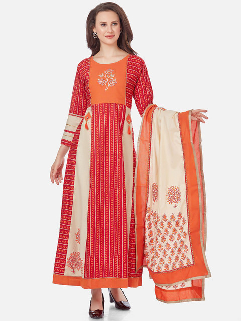 

Kiana Orange Ethnic Motifs Printed Cotton Dress With Dupatta
