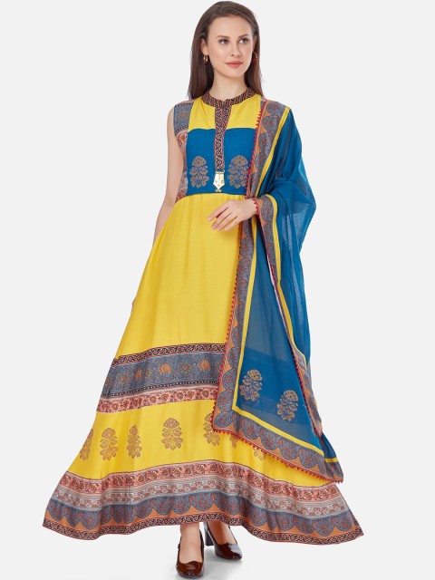 

Kiana Yellow Ethnic Motifs A-Line Maxi Dress With Dupatta