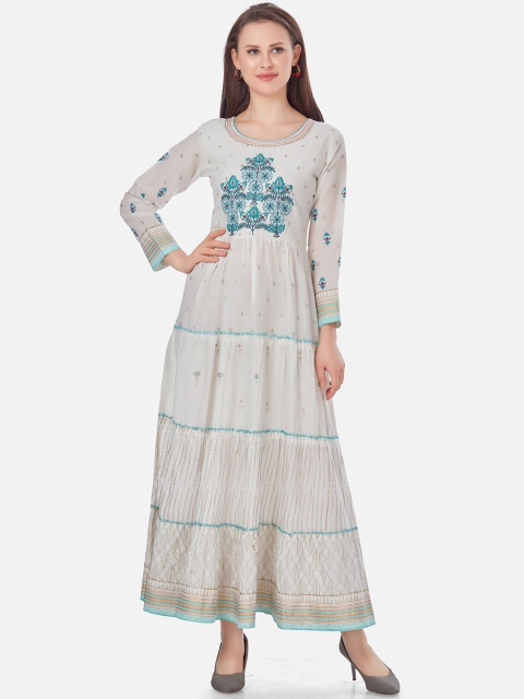 

Kiana White Ethnic Motifs Flared Cotton Maxi Dress
