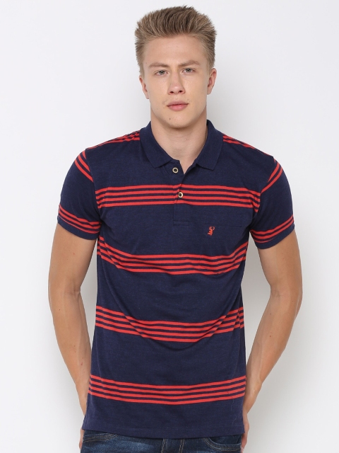 

PORTBLAIR Men Blue & Red Striped Polo Collar Pockets T-shirt