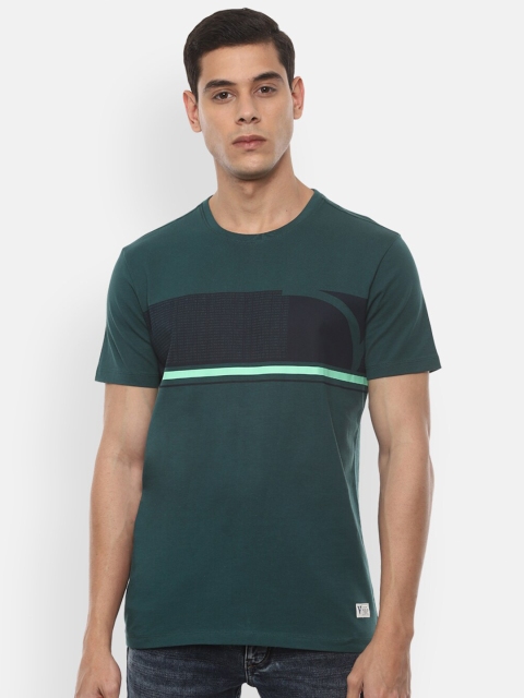 

VAN HEUSEN DENIM LABS Men Green Black Colourblocked Cotton Pure Cotton T-shirt