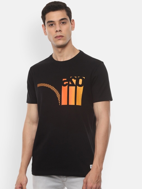 

VAN HEUSEN DENIM LABS Men Black Orange Typography Printed Cotton Pure Cotton T-shirt