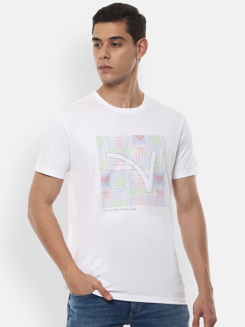 

VAN HEUSEN DENIM LABS Men White Blue Printed Cotton Pure Cotton T-shirt