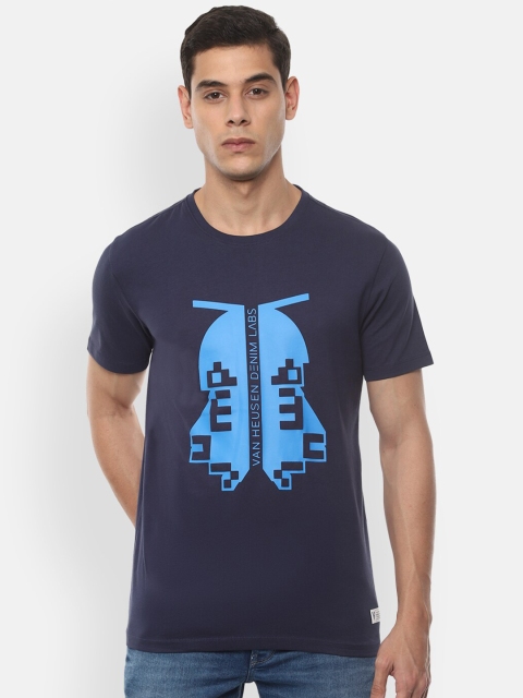 

VAN HEUSEN DENIM LABS Men Navy Blue Typography Printed Cotton Pure Cotton T-shirt