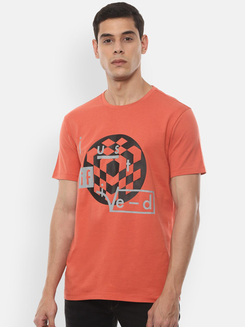 

VAN HEUSEN DENIM LABS Men Orange Black Printed Cotton Pure Cotton T-shirt
