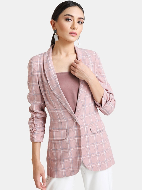 

Kazo Women Pink Checked Longline Tailored Blazer With Ruched Sleeves