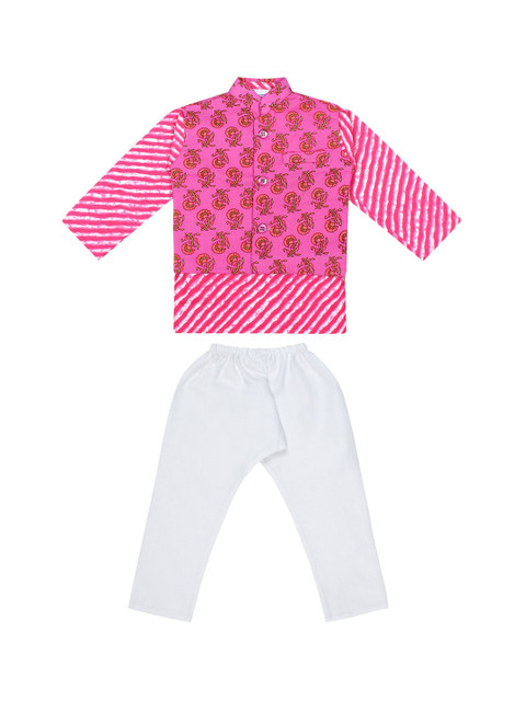 

Superminis Boys Pink Floral Printed Regular Pure Cotton Kurta with Pyjamas with Jacket