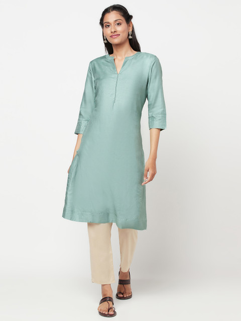 

Fabindia Women Green Tussar Silk Solid Kurta
