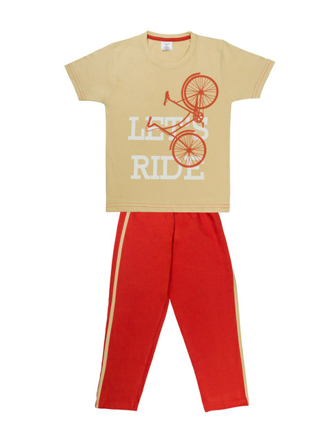 

Todd N Teen Boys Camel Brown & Red Printed T-shirt with Pyjamas