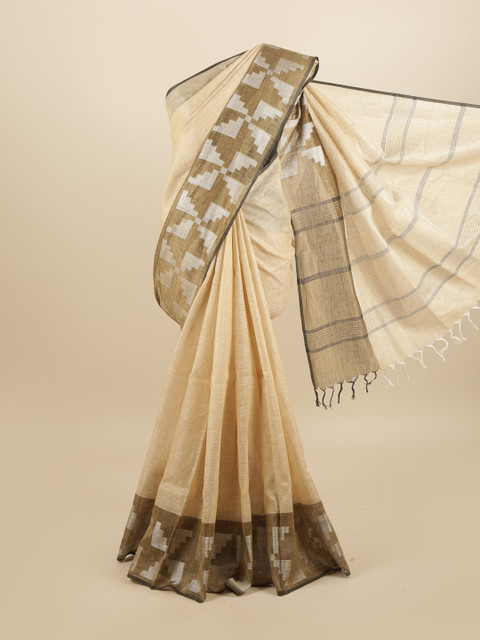 

Pothys Cream-Coloured & Tan Linen Blend Saree