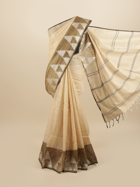 

Pothys Cream-Coloured & Silver-Toned Linen Blend Saree