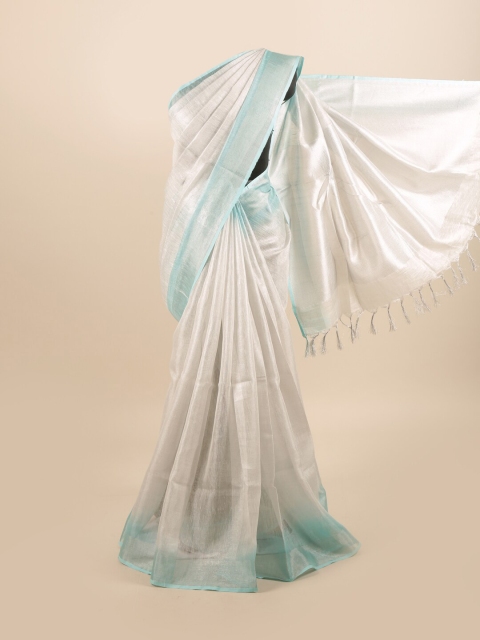 

Pothys Silver-Toned & Turquoise Blue Zari Linen Blend Saree