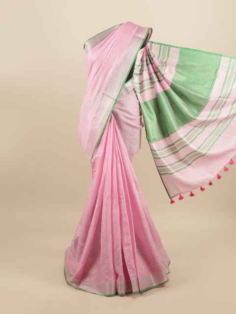 

Pothys Pink & Green Zari Linen Blend Saree
