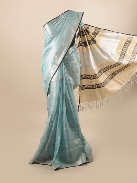 

Pothys Blue & Cream-Coloured Woven Design Zari Linen Blend Saree