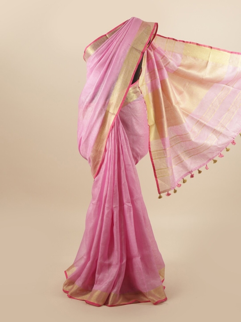 

Pothys Pink & Gold-Toned Zari Linen Blend Saree