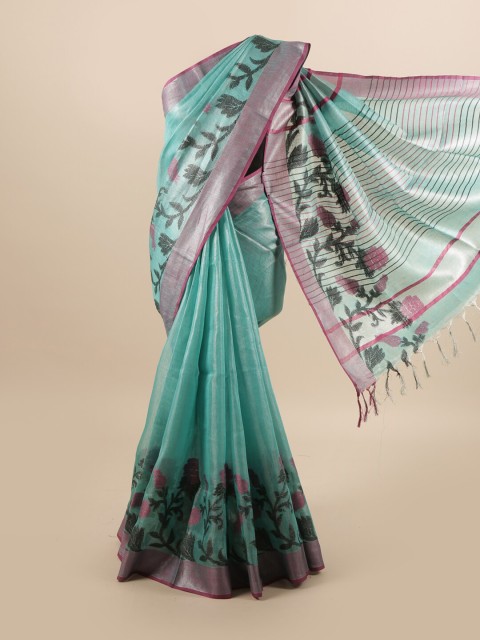 

Pothys Blue & Pink Floral Zari Linen Blend Saree