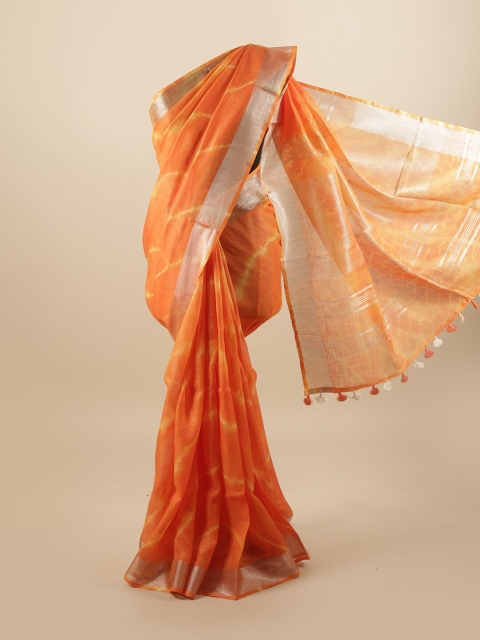 

Pothys Orange & White Tie and Dye Zari Linen Blend Saree