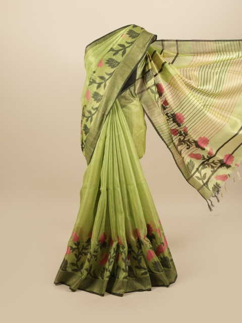 

Pothys Green & Pink Floral Zari Linen Blend Saree