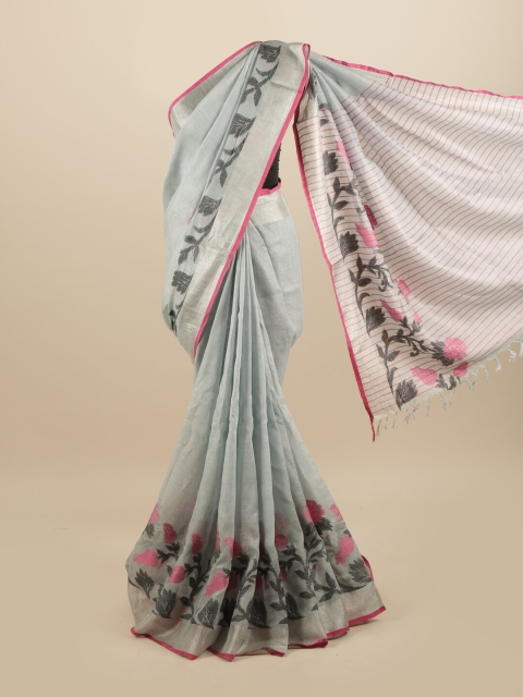 

Pothys Grey & Pink Floral Zari Linen Blend Saree