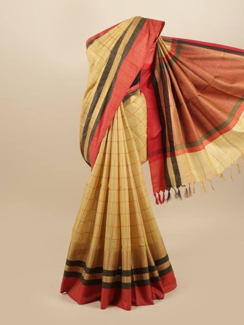 

Pothys Mustard & Red Checked Linen Blend Saree