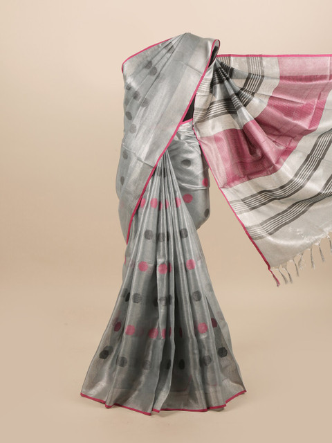 

Pothys Grey & Pink Woven Design Zari Linen Blend Saree