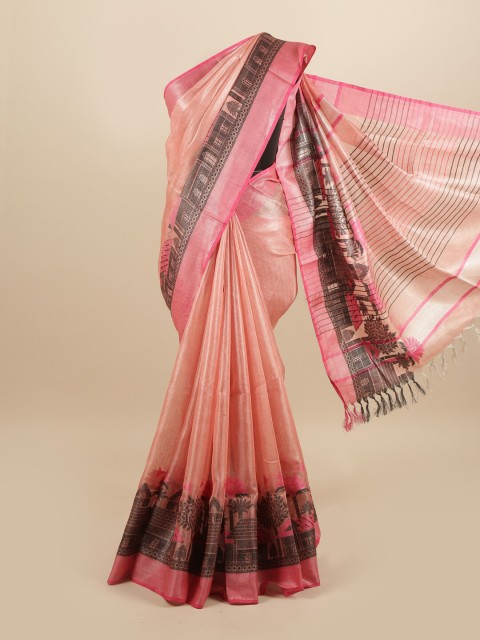 

Pothys Pink & Black Woven Design Zari Linen Blend Saree