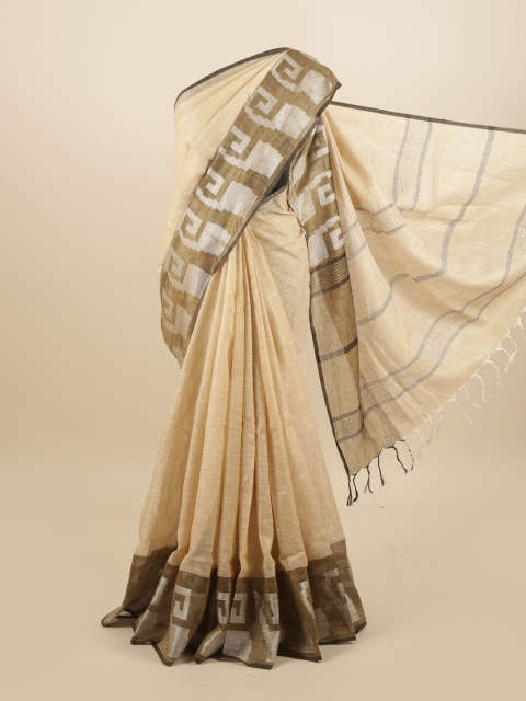 

Pothys Cream-Coloured & Silver-Toned Linen Blend Saree