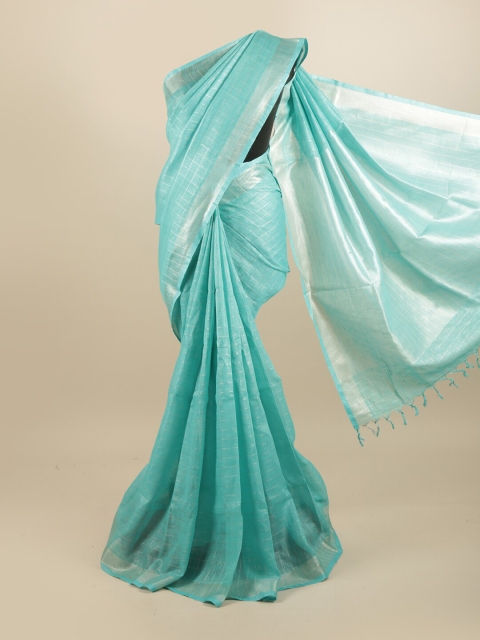 

Pothys Blue & Silver-Toned Checked Linen Blend Saree