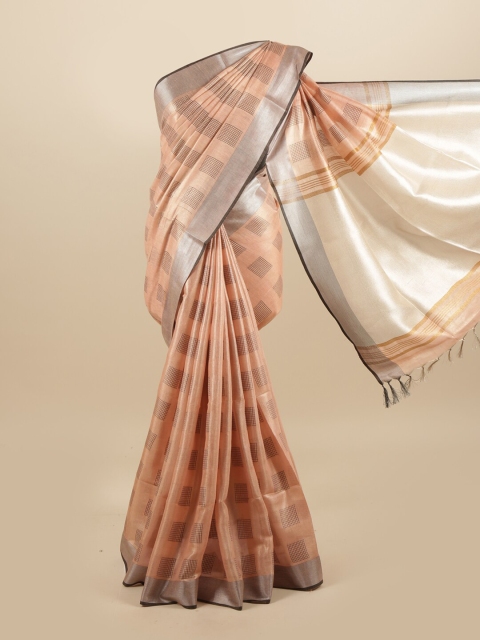 

Pothys Peach-Coloured & Black Zari Linen Blend Saree
